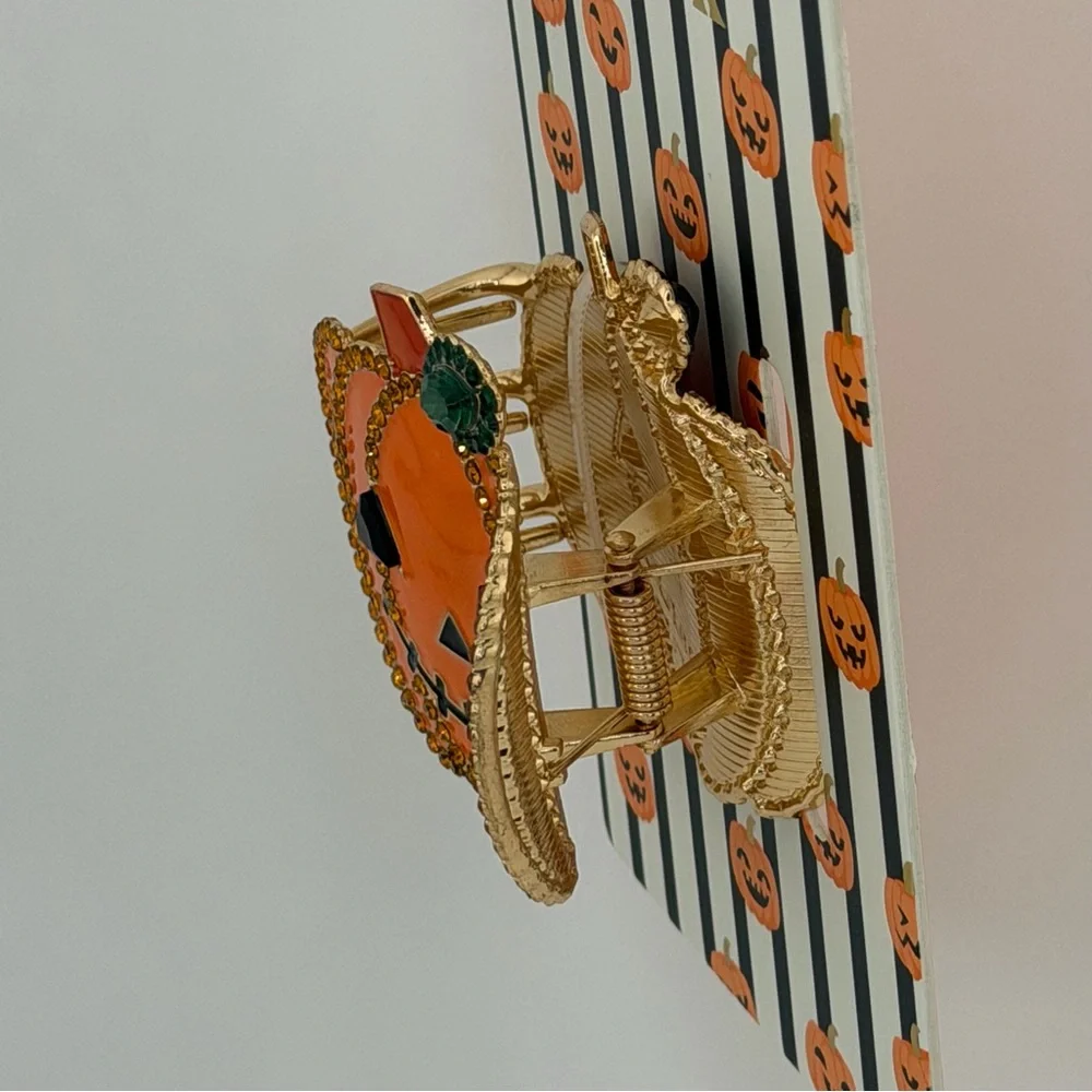 Piper K Halloween Pumpkin Claw Clip Gold Tone Rhinestones